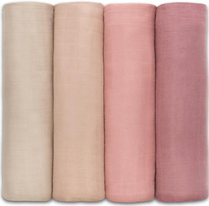 Baby Muslin Swaddle Blankets 4 Pack - Sand, Blush, Bold Blush, Mauve
