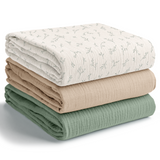 Muslin Swaddle Blankets Pack of 3, 42” x 42” in Branch Pattern, Fern, Sand