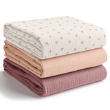 Muslin Swaddle Blankets Pack of 3, 42” x 42” in Flower Pattern, Blush, Mauve