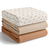 Muslin Swaddle Blankets Pack of 3, 42” x 42” in Rainbow Pattern, Cedar, Sand