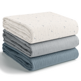 Muslin Swaddle Blankets Pack of 3, 42” x 42” in Star Pattern, Pacific Blue, Heather