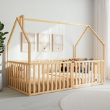 Kids House Gated Floor Bed Twin Size for Children Aged 5+, Natural Wood