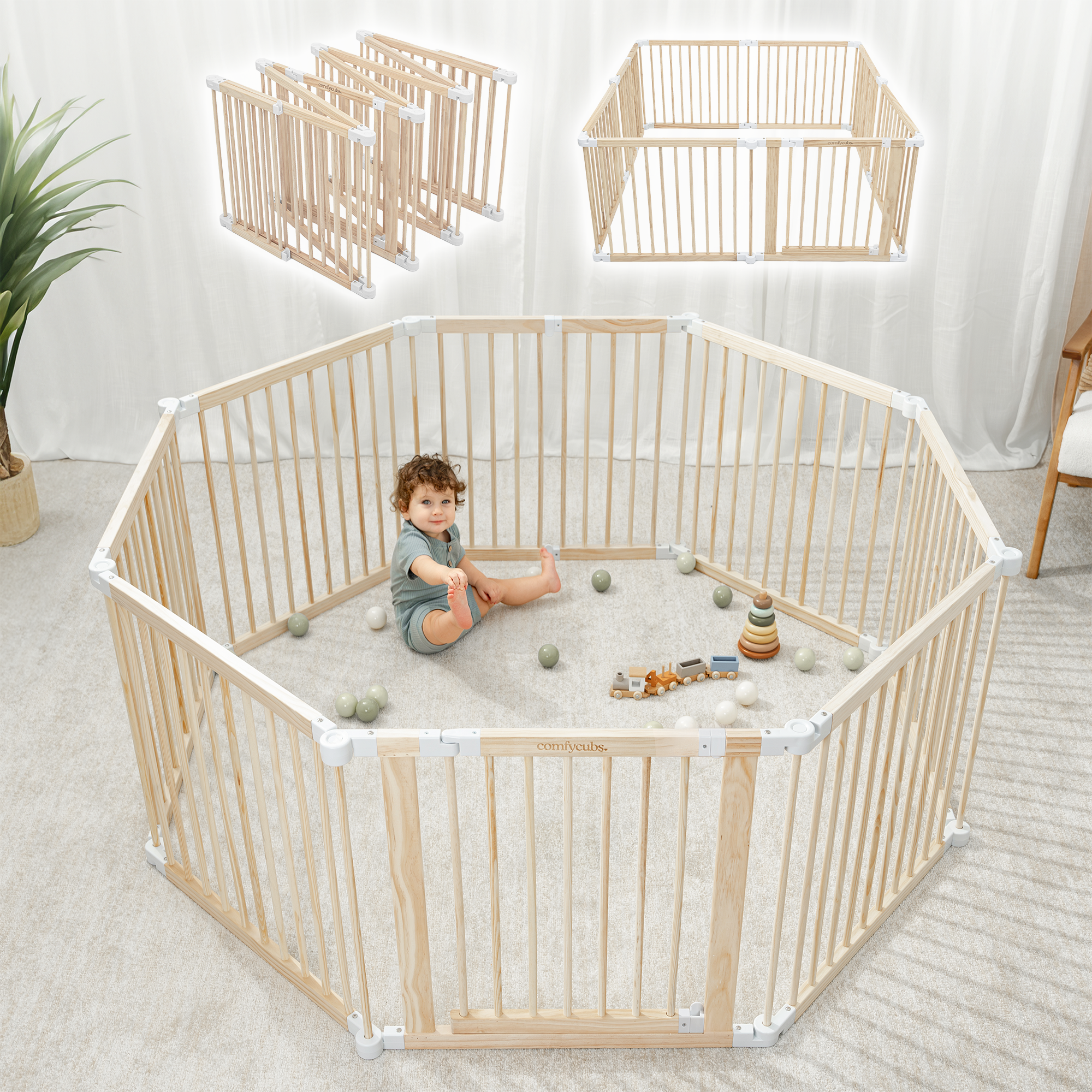 Comfy Cubs Playpen for Toddler and Babies in Natural Wood
