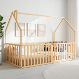 Kids House Gated Floor Bed Twin Size for Children Aged 5+, Natural Wood