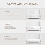 Baby Crib for 0 to 3 Years - White Bars and Frame and Natural Wood Leg