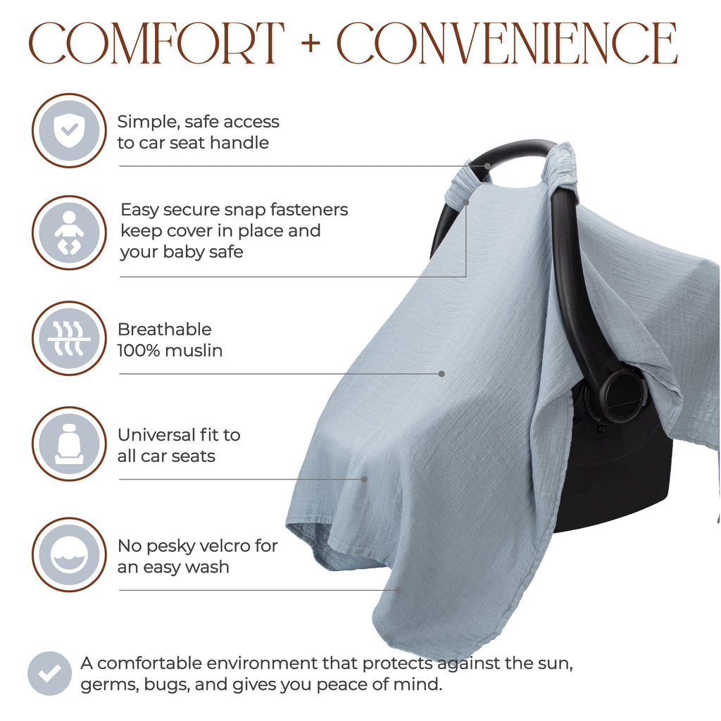 Muslin Cotton Baby Car Seat Cover by Comfy Cubs - Pacific Blue
