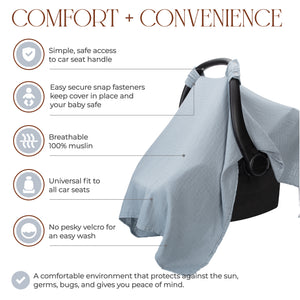 Muslin Cotton Baby Car Seat Cover by Comfy Cubs - Pacific Blue