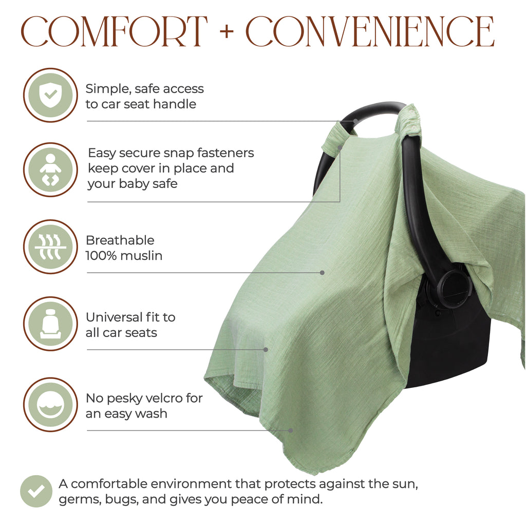 Muslin Cotton Baby Car Seat Cover by Comfy Cubs - Sage