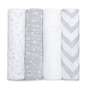 Baby Muslin Swaddle Blankets, 4 Pack - Grey