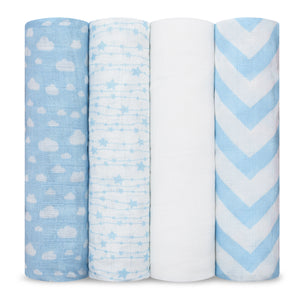 Baby Muslin Swaddle Blankets, 4 Pack - Blue